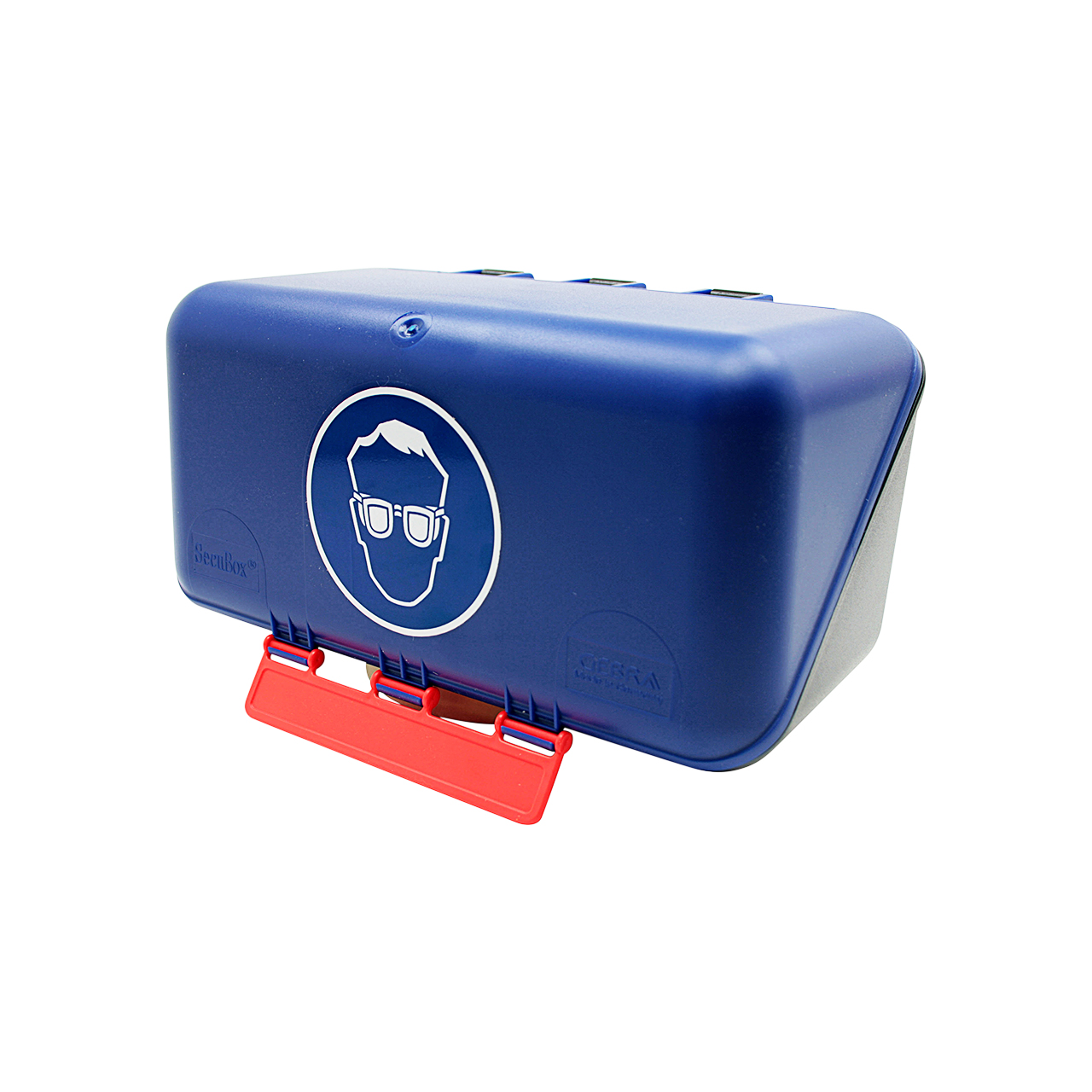 SecuBox® Mini für Brillen, blau/schwarz mit Aufdruck, für Wandmontage