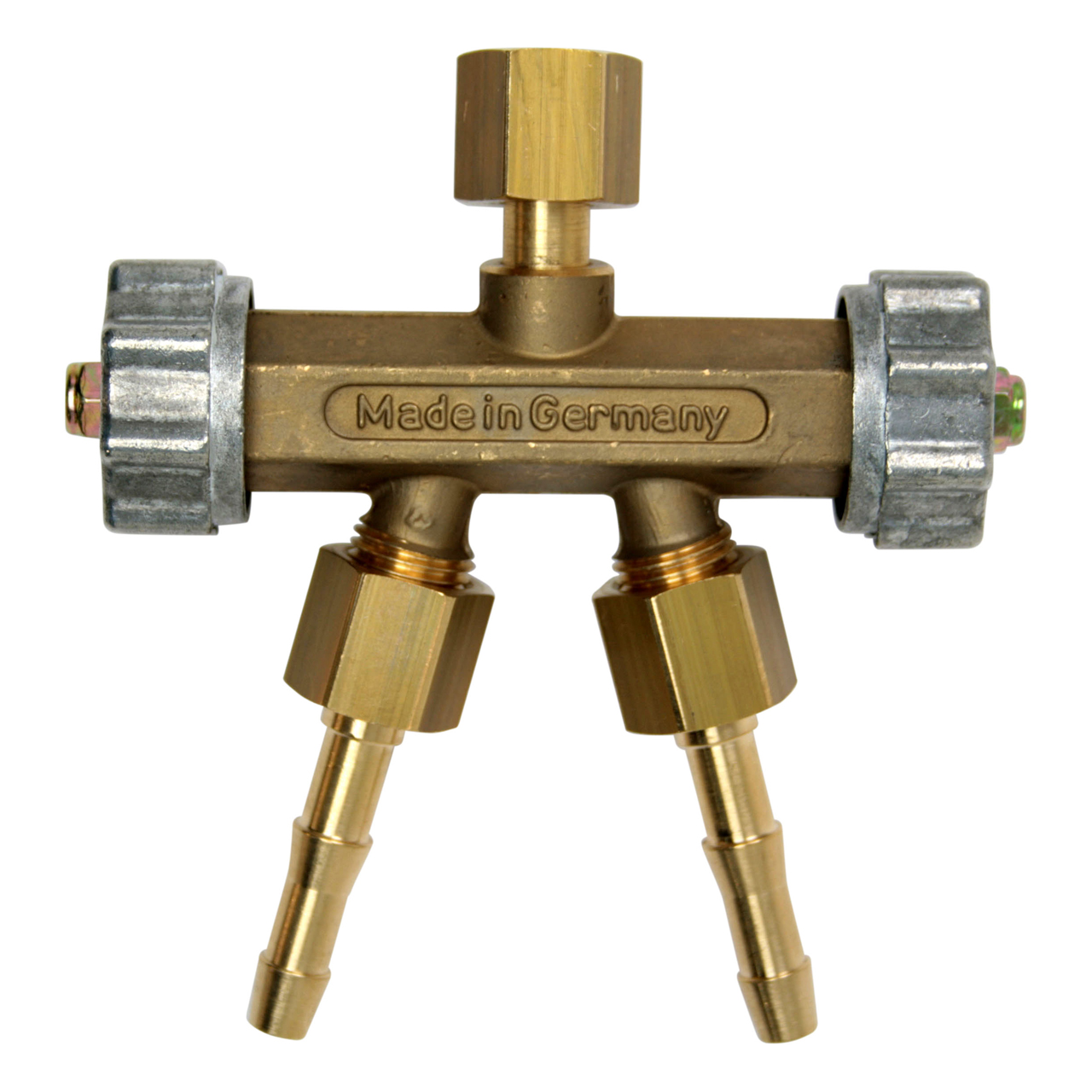 Doppelentnahmeventil für Sauerstoff, 1/4" RH, Tüllen 6 mm