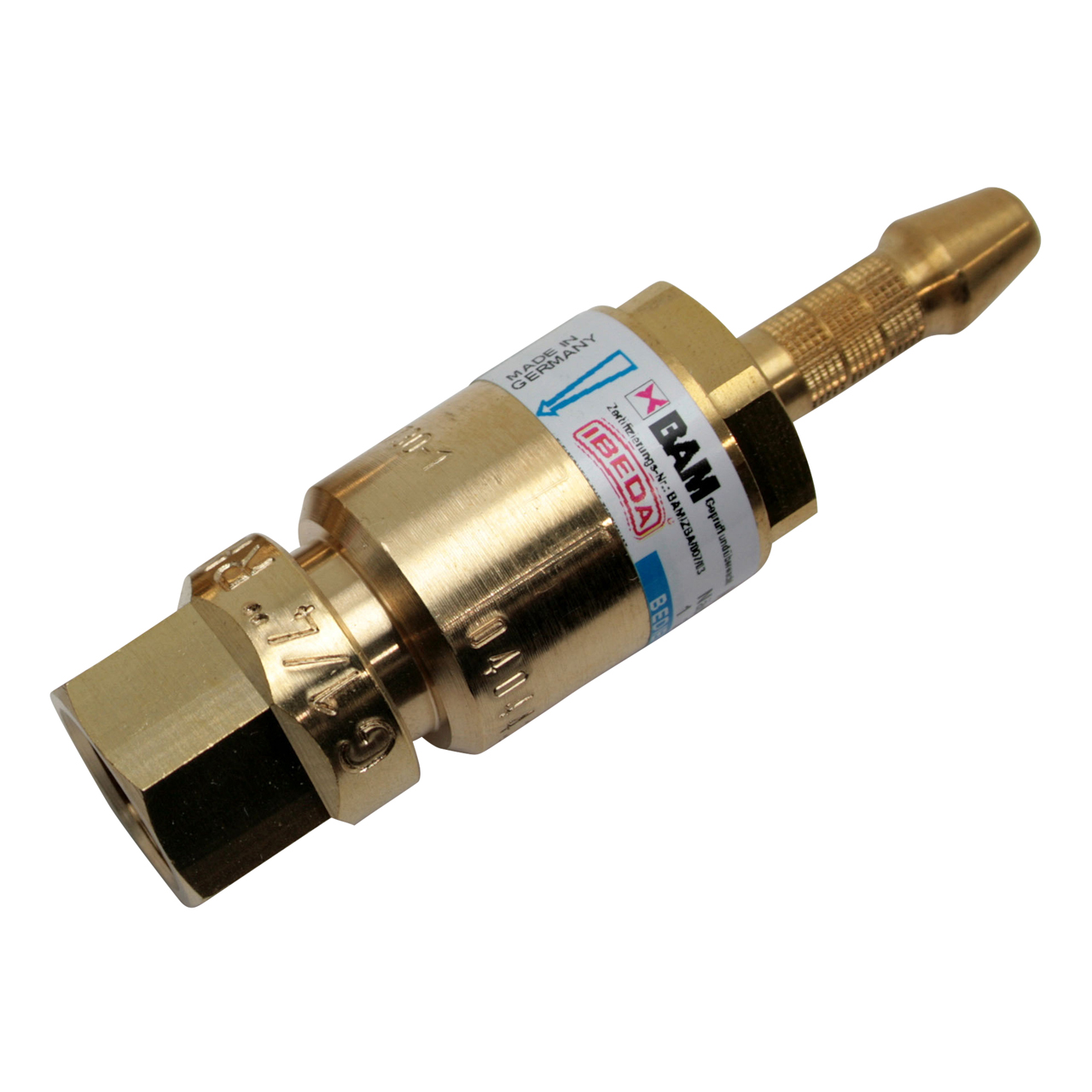 Sicherheitseinrichtung brennerseitig, Sauerstoff,  1/4" RH, Tülle 4 mm