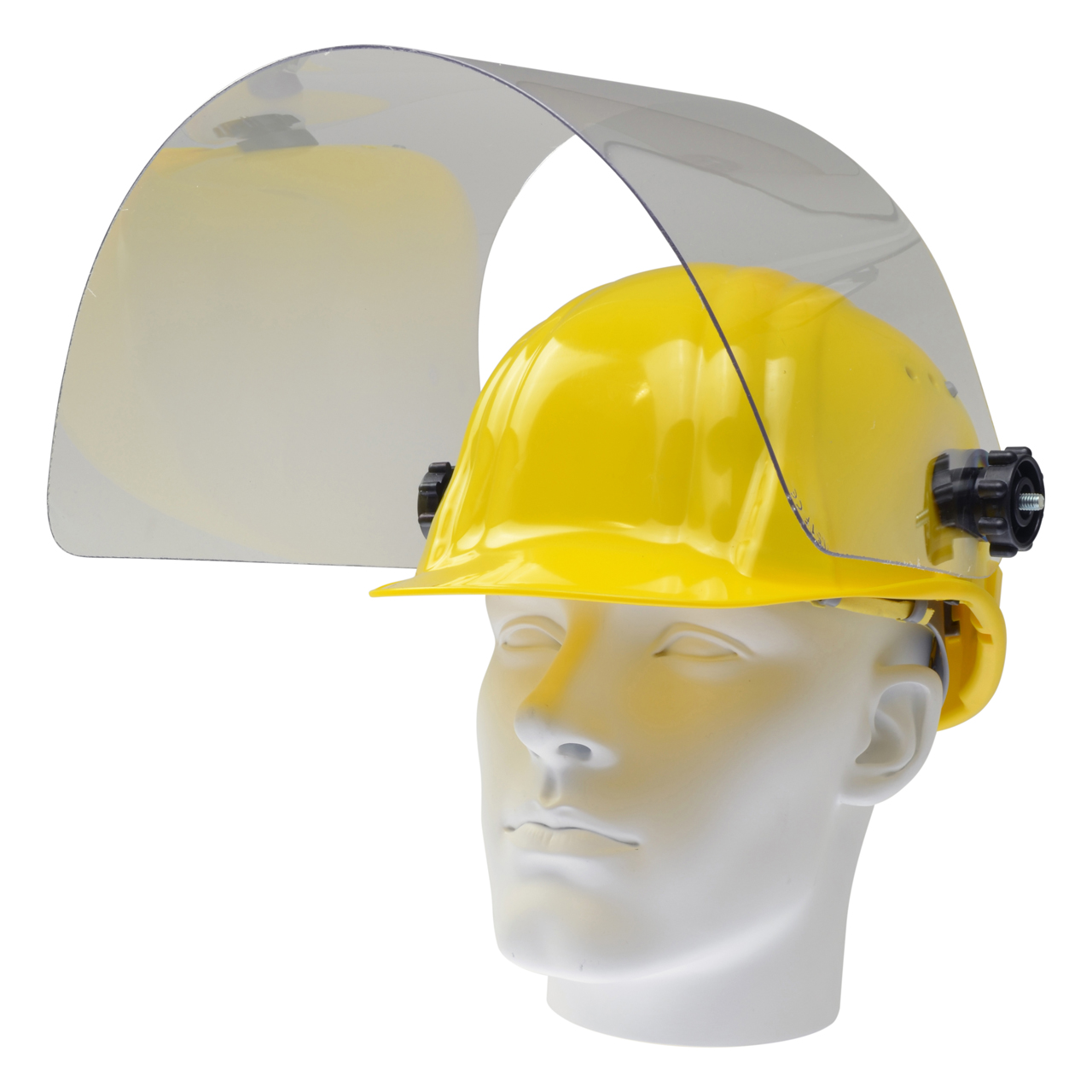 Arbeitshelm, gelb, mit klappbarer PET-G Scheibe, klar, 460 x 240 mm