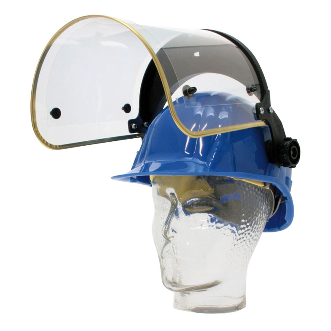 Arbeitshelm, blau, mit Klappvisier, klar, mit Messingrahmen, mit 5 Ersatzfolien