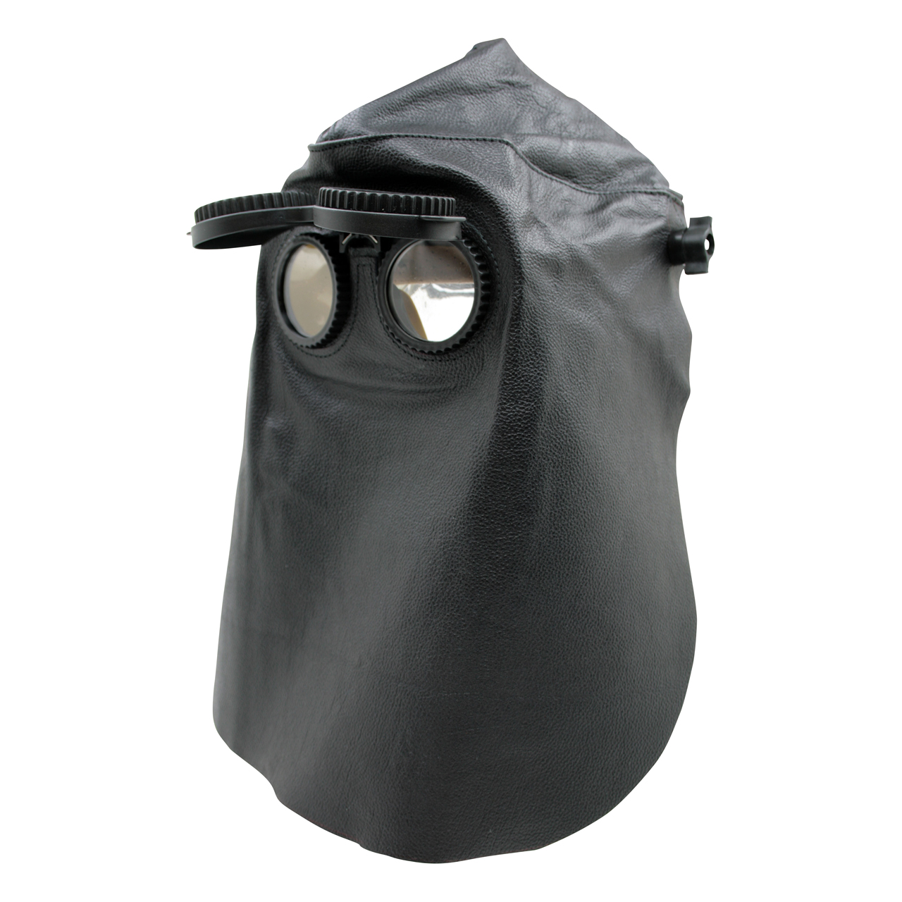 Lederkopfhaube mit Kopfband und Klappbrille, ohne Nase, hinten offen