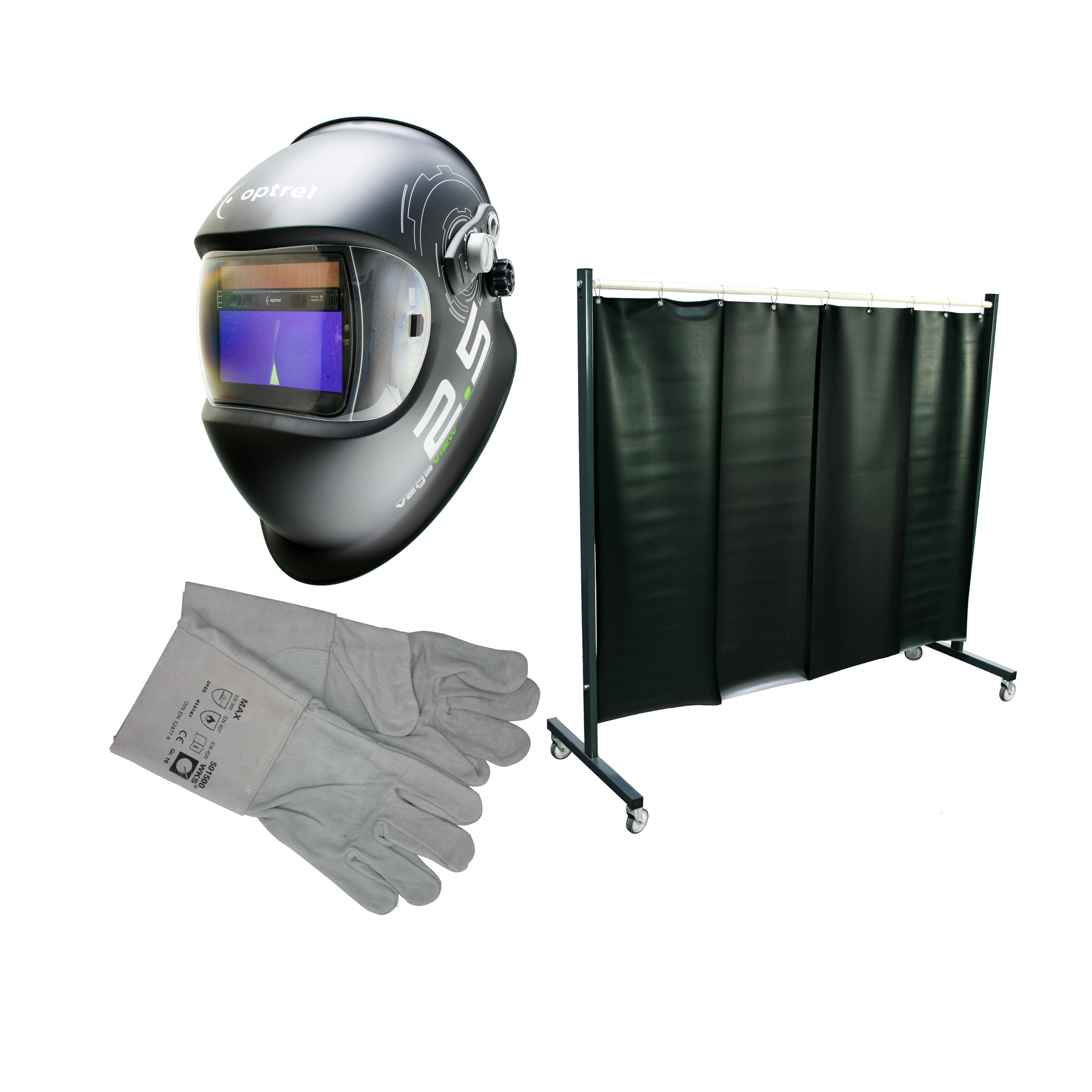 Verschiedene Artikel für Arbeitsschutz: Schutzhandschuhe, Sicherheitsschuhe mit Stahlkappe, orangefarbener Kapselgehörschutz, transparente Schutzbrille und eine partikelfilternde Atemschutzmaske. Die Produkte liegen vor neutralem Hintergrund.