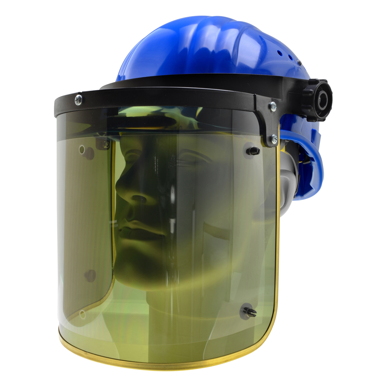 Arbeitshelm, blau, mit Klappvisier, DIN 5, mit Messingrahmen, mit 5 Ersatzfolien