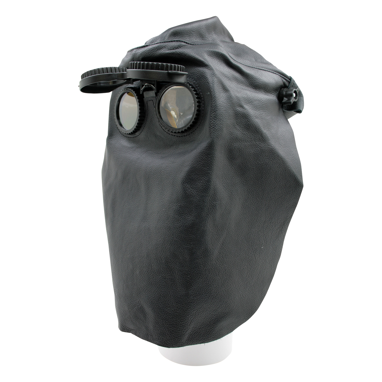 Lederkopfhaube mit Kopfband und Klappbrille, ohne Nase, hinten geschlossen