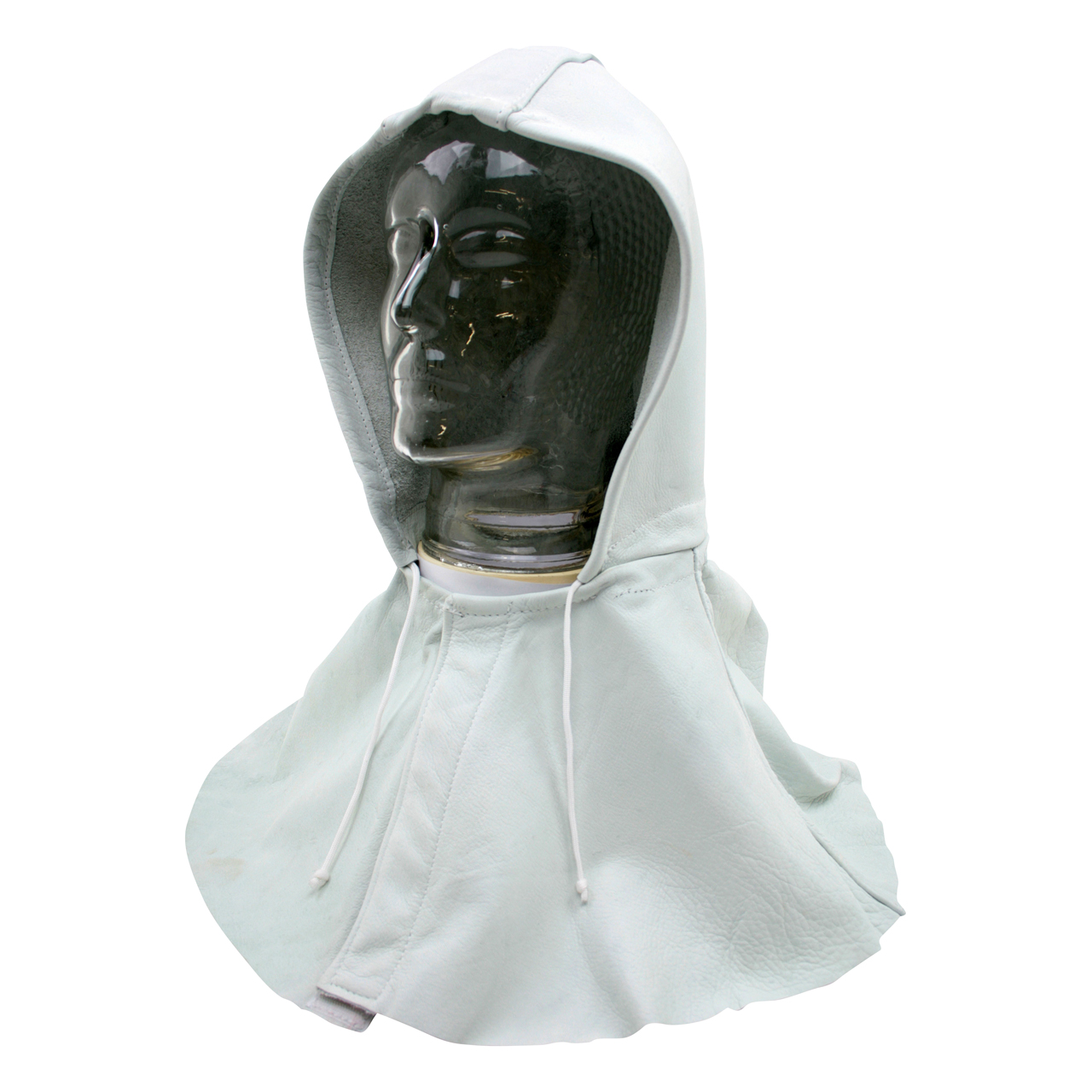 Kopfhaube aus Vollleder mit Nackenschutz, Klettverschluss und Kordel