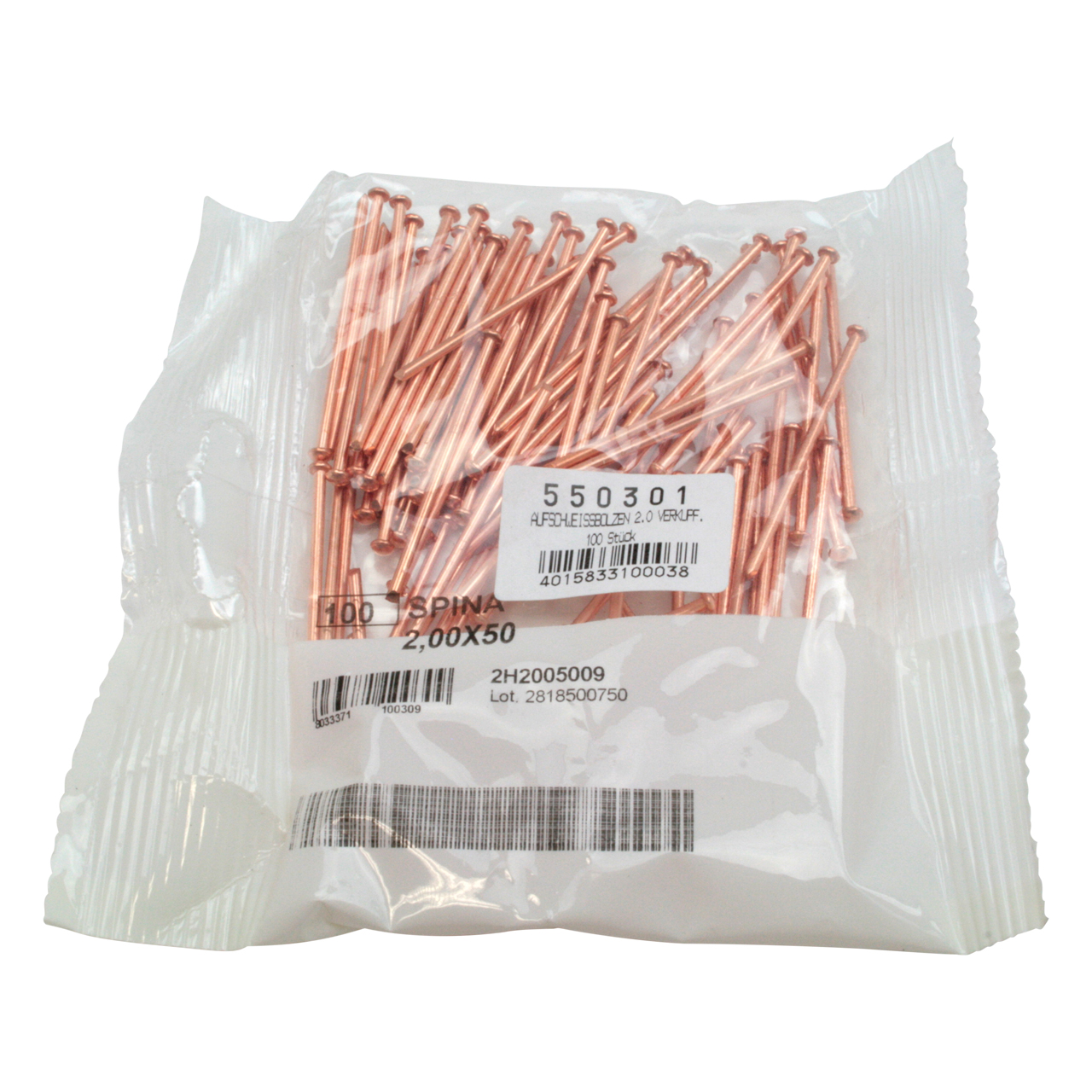 Aufschweißbolzen 2,5 verkupfert, Länge 5 cm, 100 St/Pack