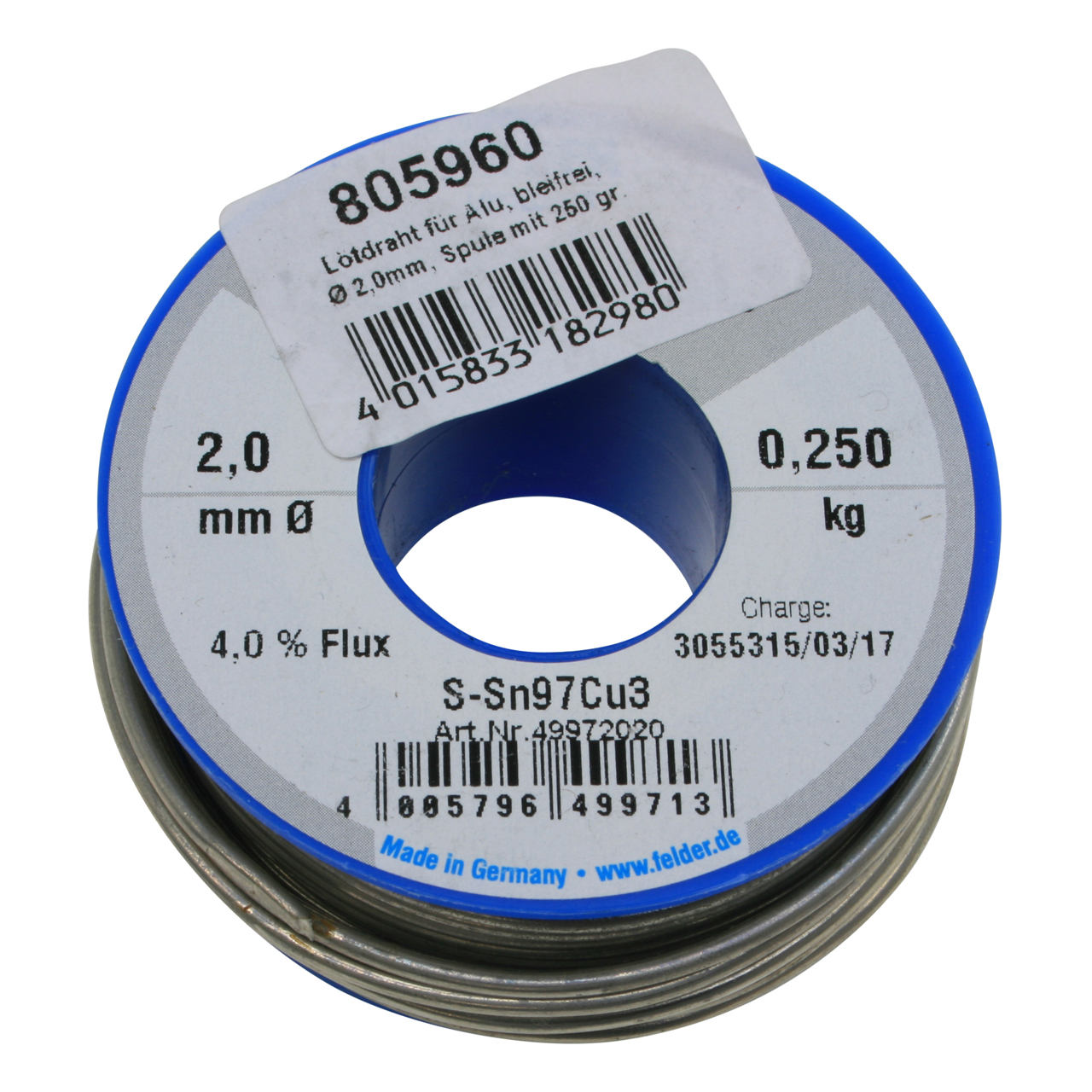 Lötdraht für Alu, bleifrei, Spule mit 250 g, Ø 2,0 mm