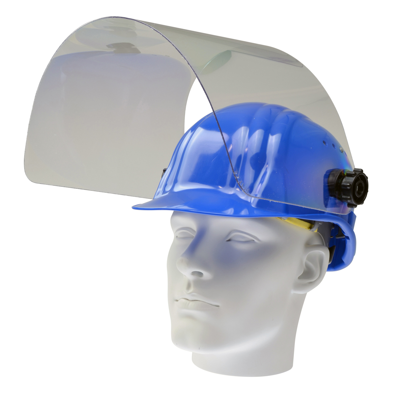 Arbeitshelm, blau, mit klappbarer PET-G Scheibe, klar, 460 x 240 mm